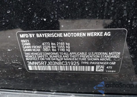 2022 BMW 330I xDrive z USA, uszkodzony, nr VIN 3MW5R7J03N8C31925